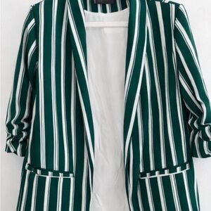 Only Women's Green and White Striped Blazer